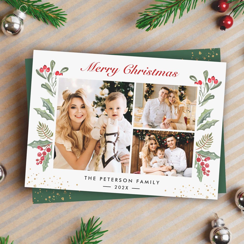 3 Photo Merry Christmas Holly Berry Gold Confetti Holiday Card