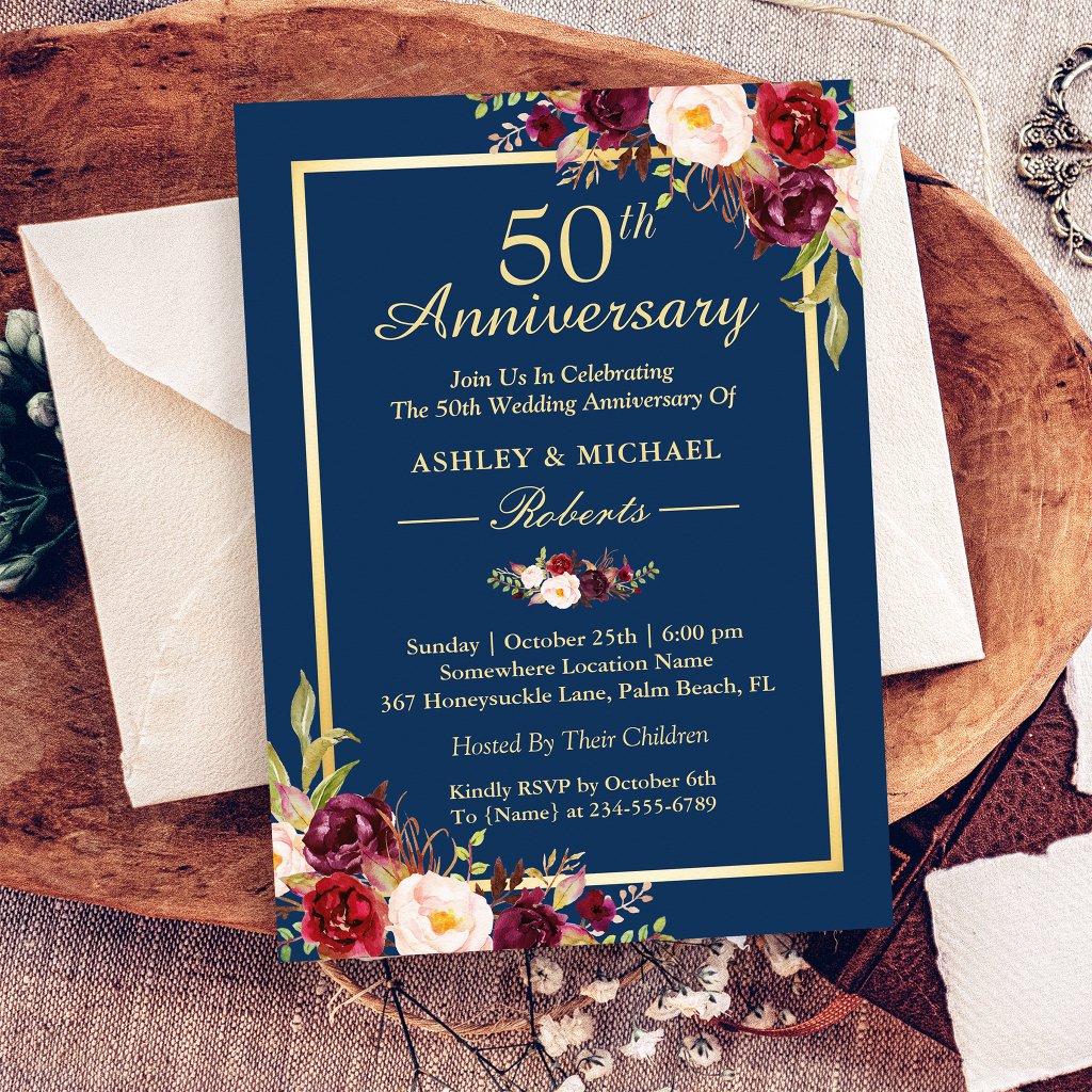 50th Wedding Anniversary Burgundy Floral Navy Blue Invitation