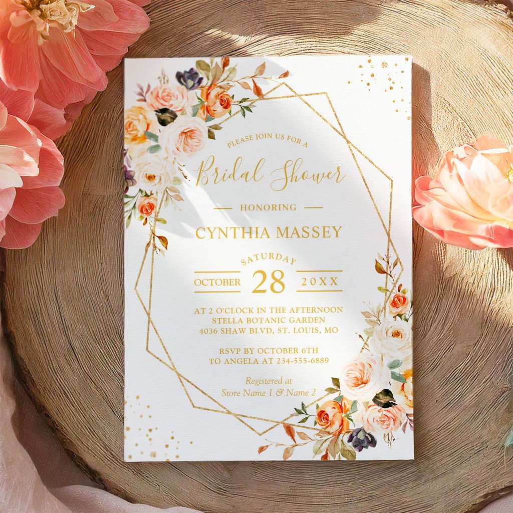 Autumn Boho Floral Gold Geometric Bridal Shower Invitation