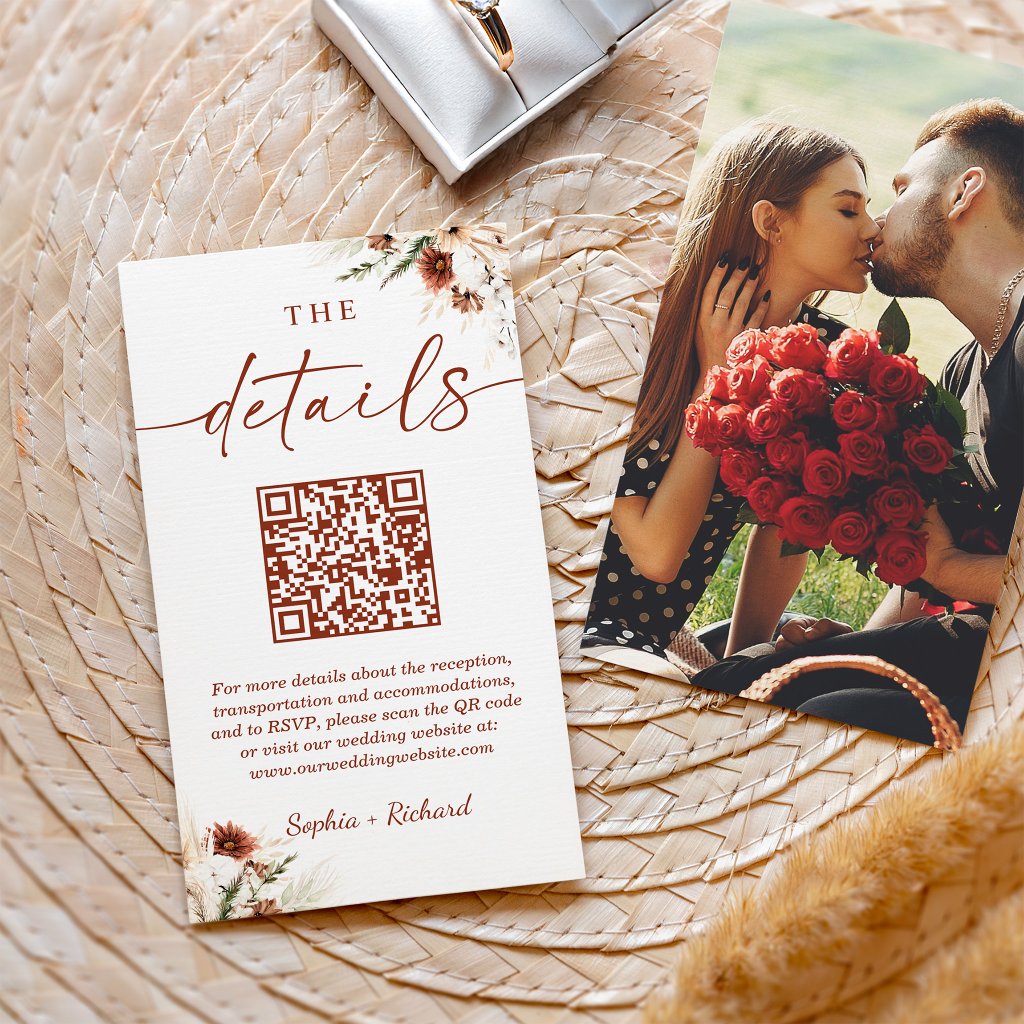 Autumn Dried Floral Photo Wedding Details QR Code Enclosure Card