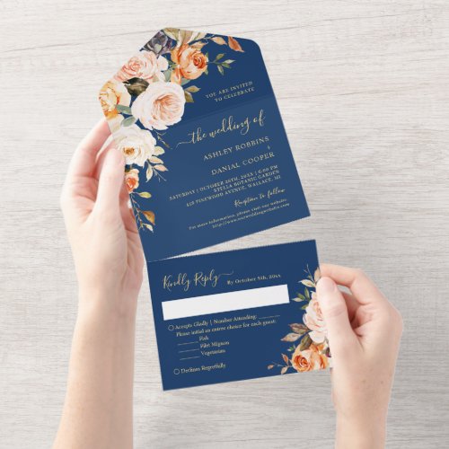 Autumn Evening Wedding Gold Leaves Floral All In One Invitation
