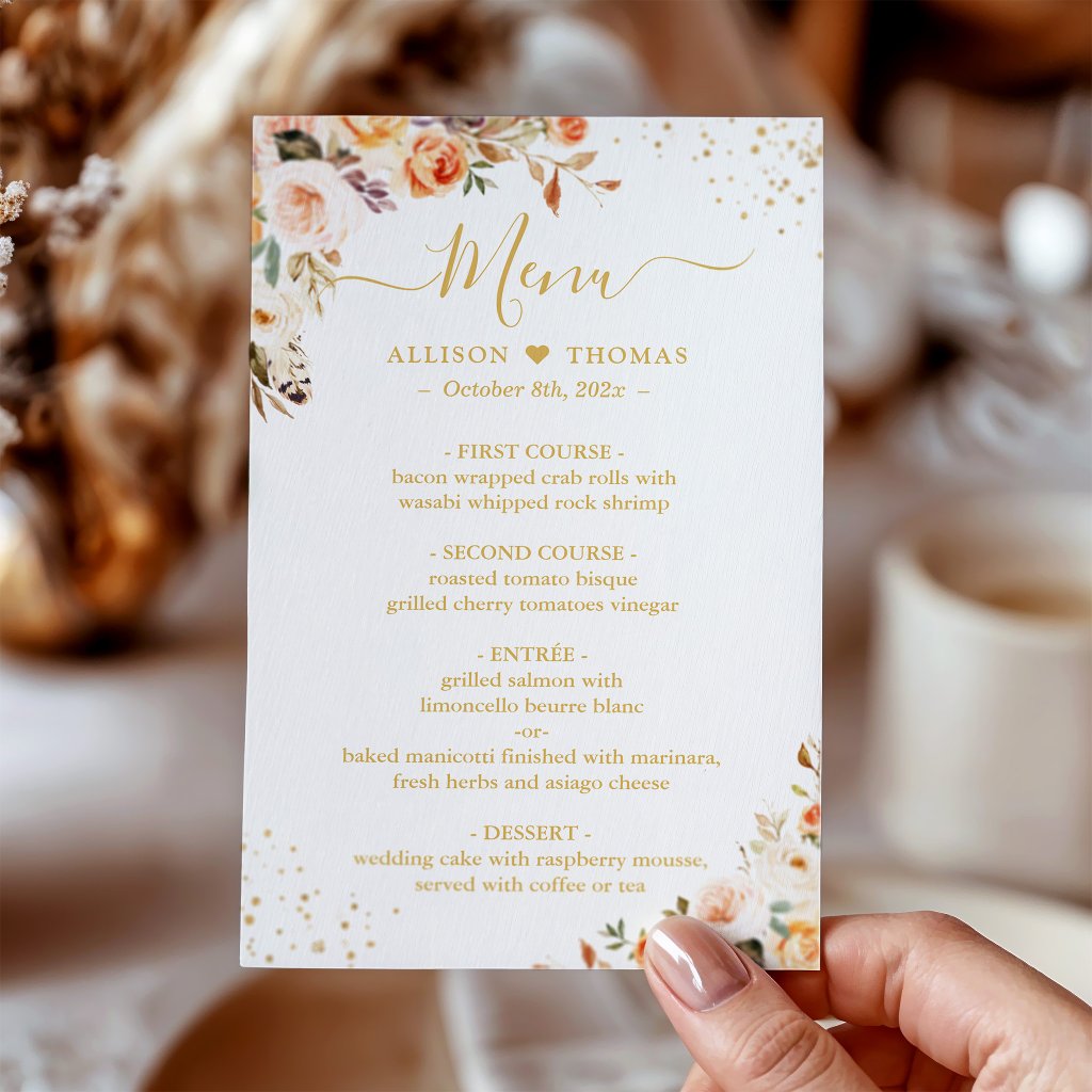 Autumn Floral Leaves Boho Chic Wedding Dinner Menu