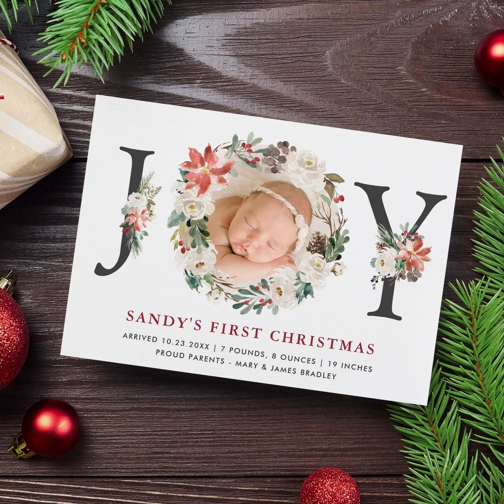 Baby First Christmas Poinsettia Ivory Floral Photo Holiday Card
