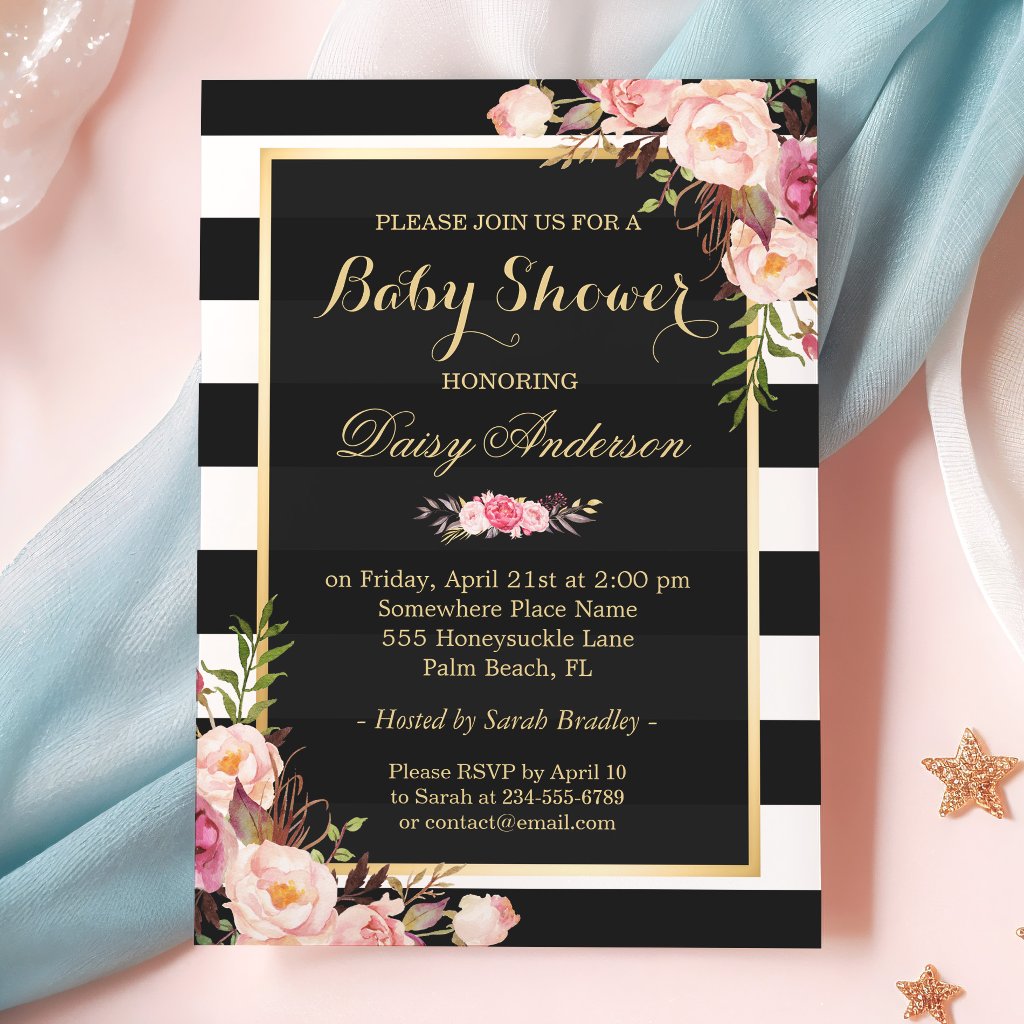 Baby Shower Classy Floral Gold Black White Stripes Invitation