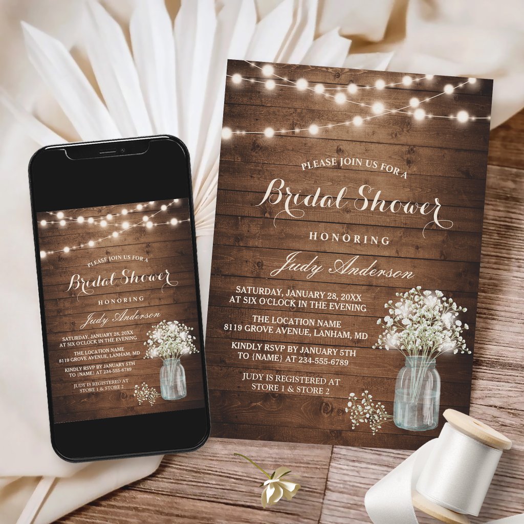 Baby's Breath Mason Jar Rustic Wood Bridal Shower Invitation