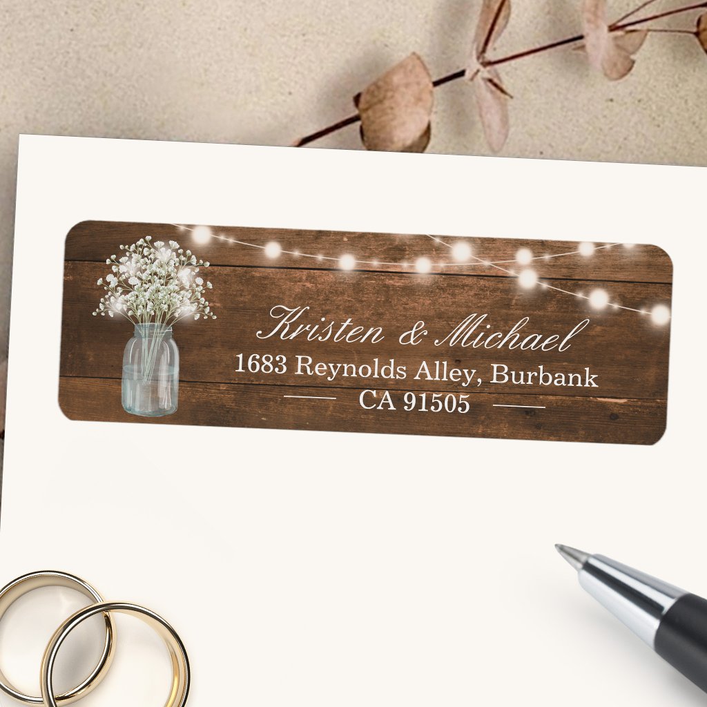 Baby's Breath Mason Jar String Lights Rustic Wood Label