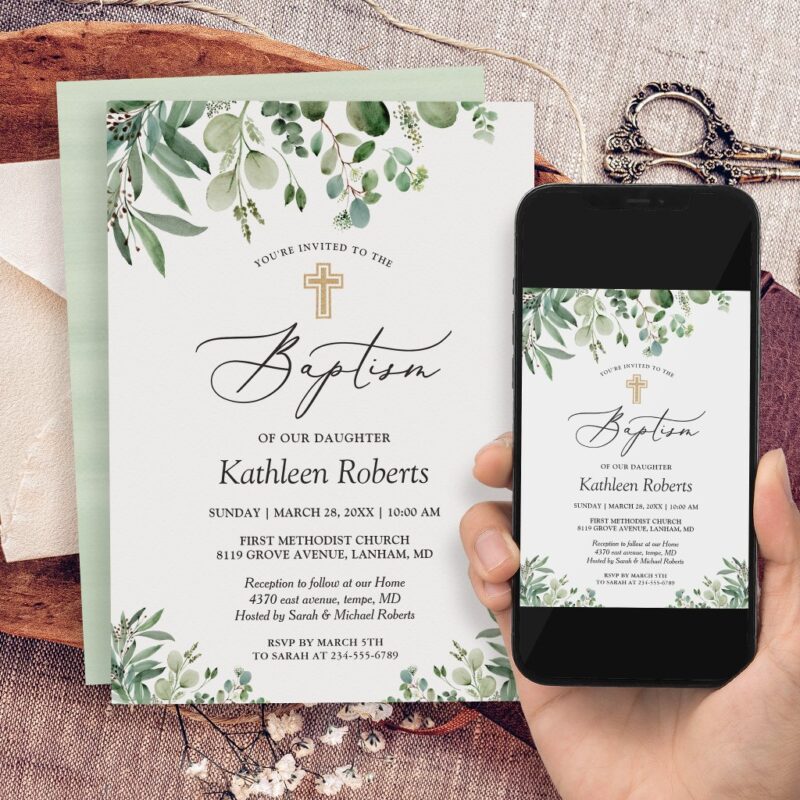 Baptism Christening | Greenery Eucalyptus Leaves Invitation