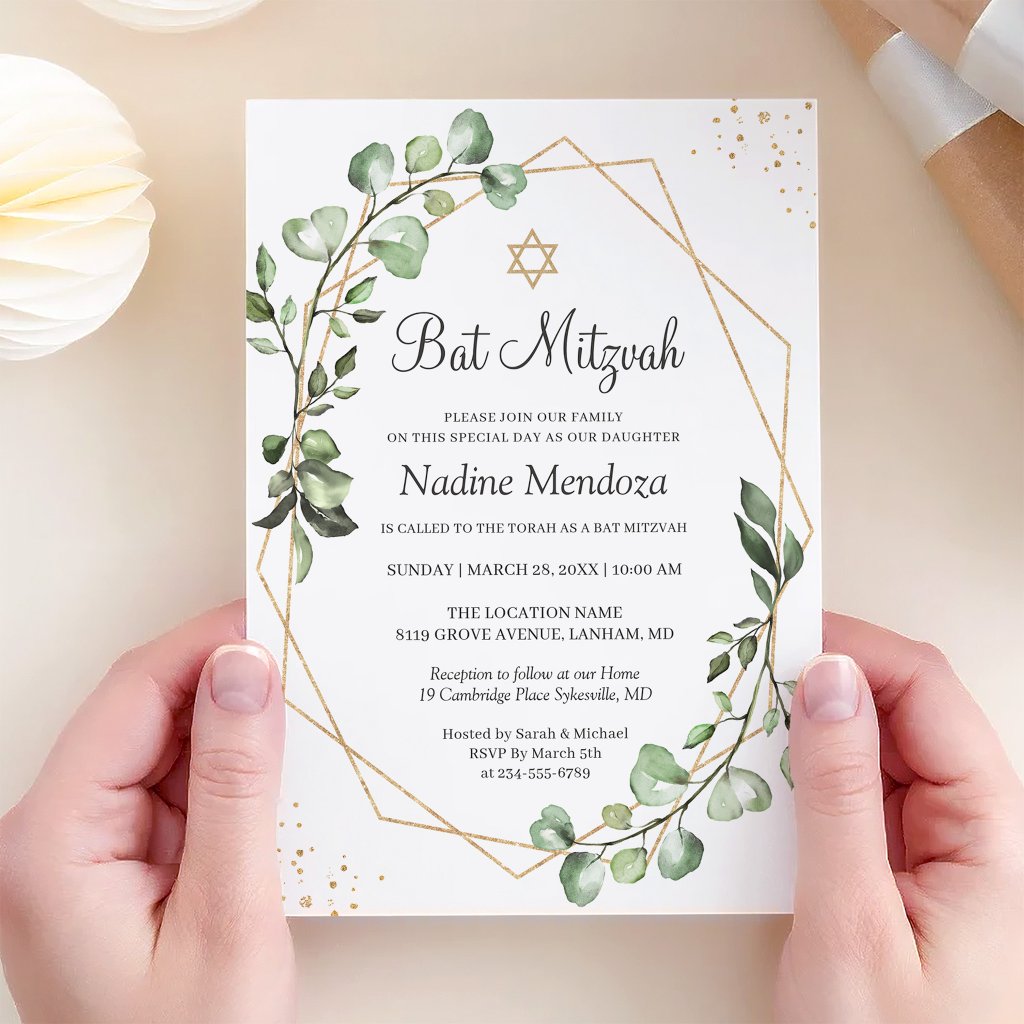 Bat Mitzvah | Greenery Eucalyptus Gold Geometric Invitation
