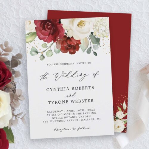 Beautiful red white rose floral eucalyptus wedding invitation r vsatek 1024