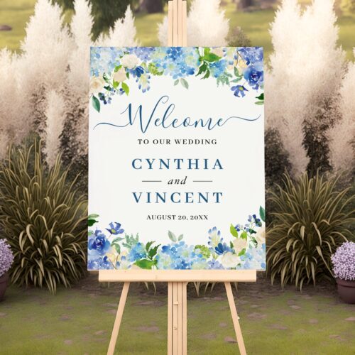 Blue hydrangea chic floral wedding sign foam board r vs705w 1024