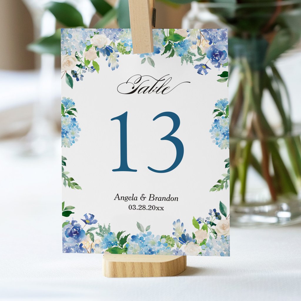 Blue Hydrangea Floral Wedding Table Number