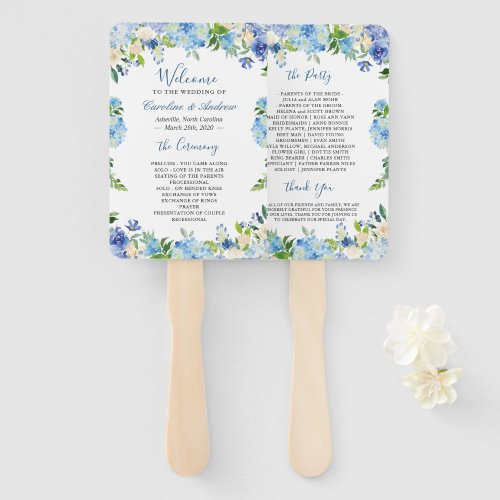 Blue Hydrangea Watercolor Floral Wedding Program Hand Fan