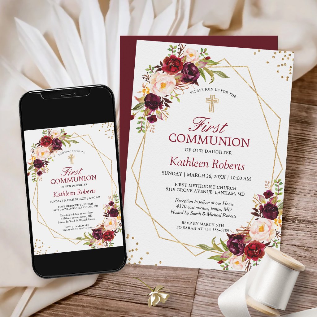 Blush Burgundy Floral Gold Frame First Communion Invitation
