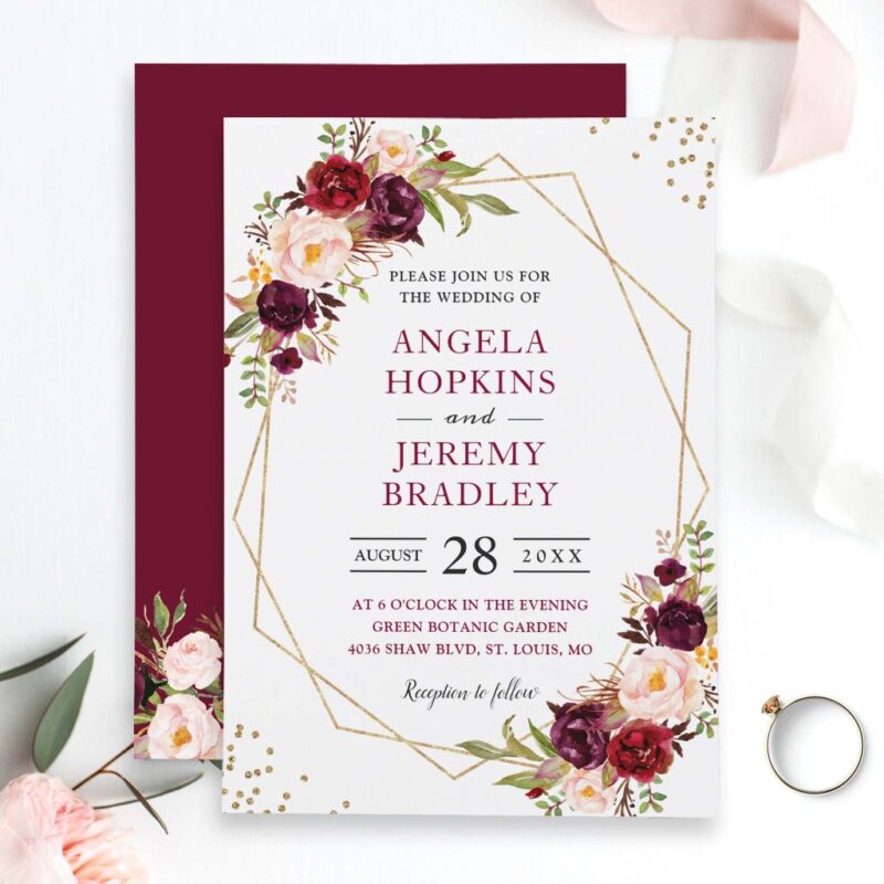 Blush Burgundy Floral Modern Gold Frame Wedding Invitation