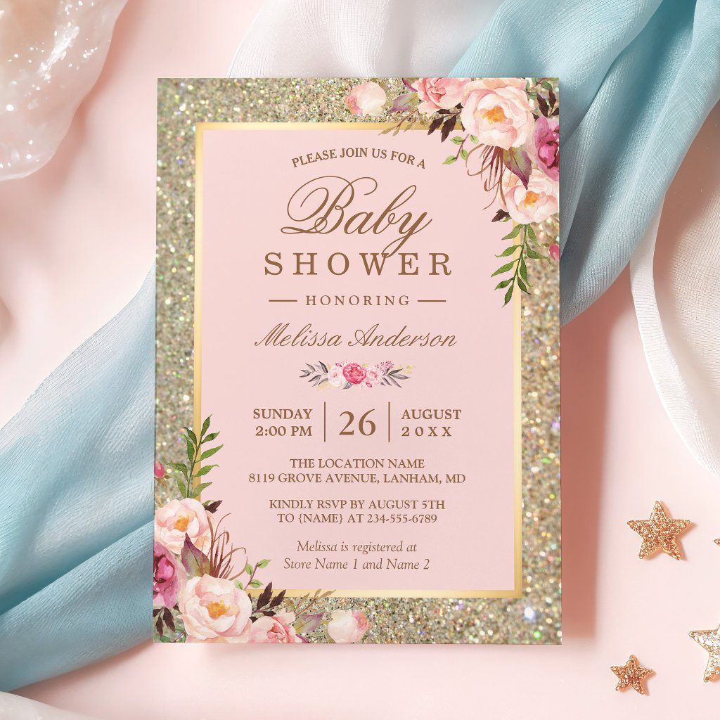 Blush Pink Floral Gold Sparkles Baby Shower Invitation