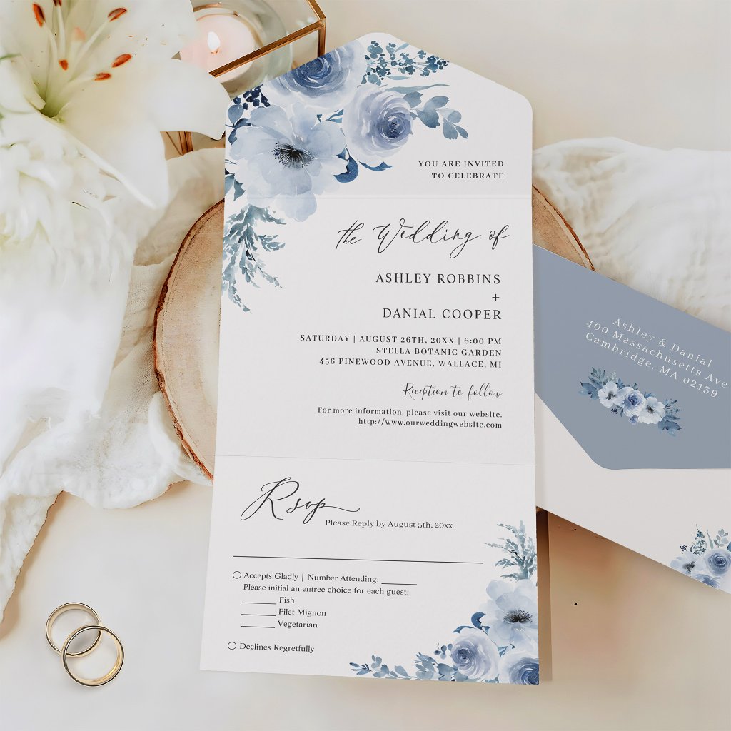 Bohemian Dusty Blue Floral Wedding All In One Invitation