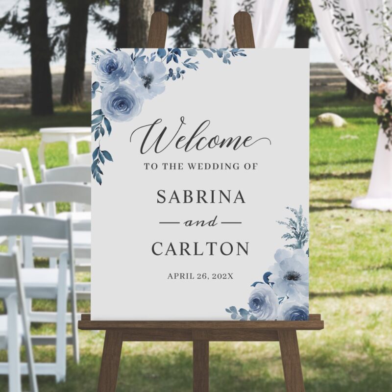 Bohemian Dusty Blue Floral Wedding Sign