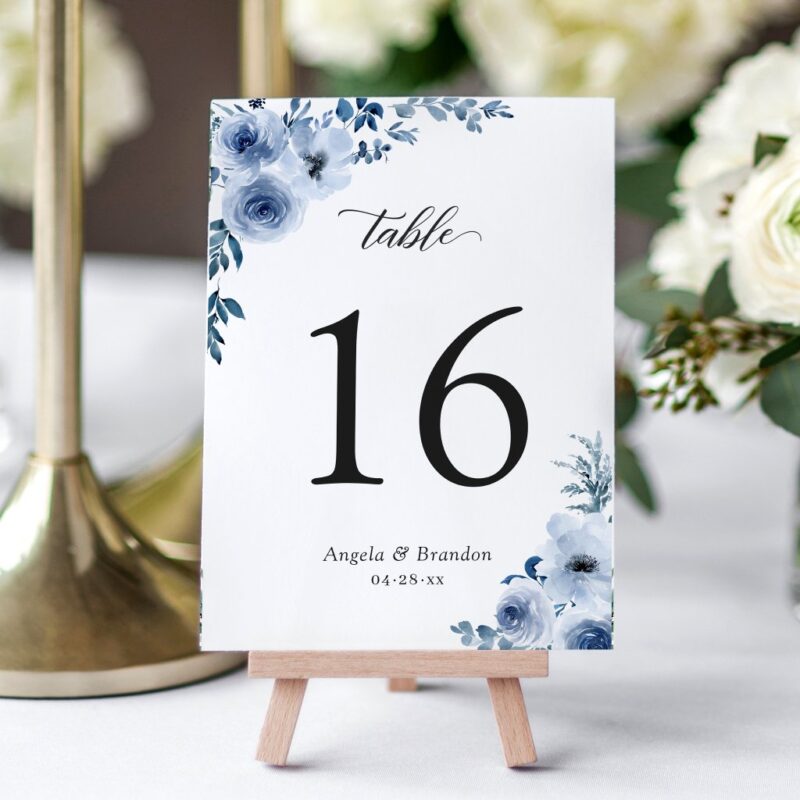 Bohemian Dusty Blue Floral Wedding Table Number
