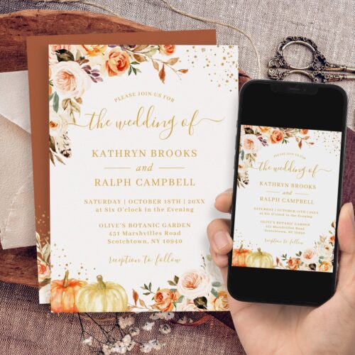 Boho autumn floral terracotta gold pumpkin wedding invitation r vsayb0 1024