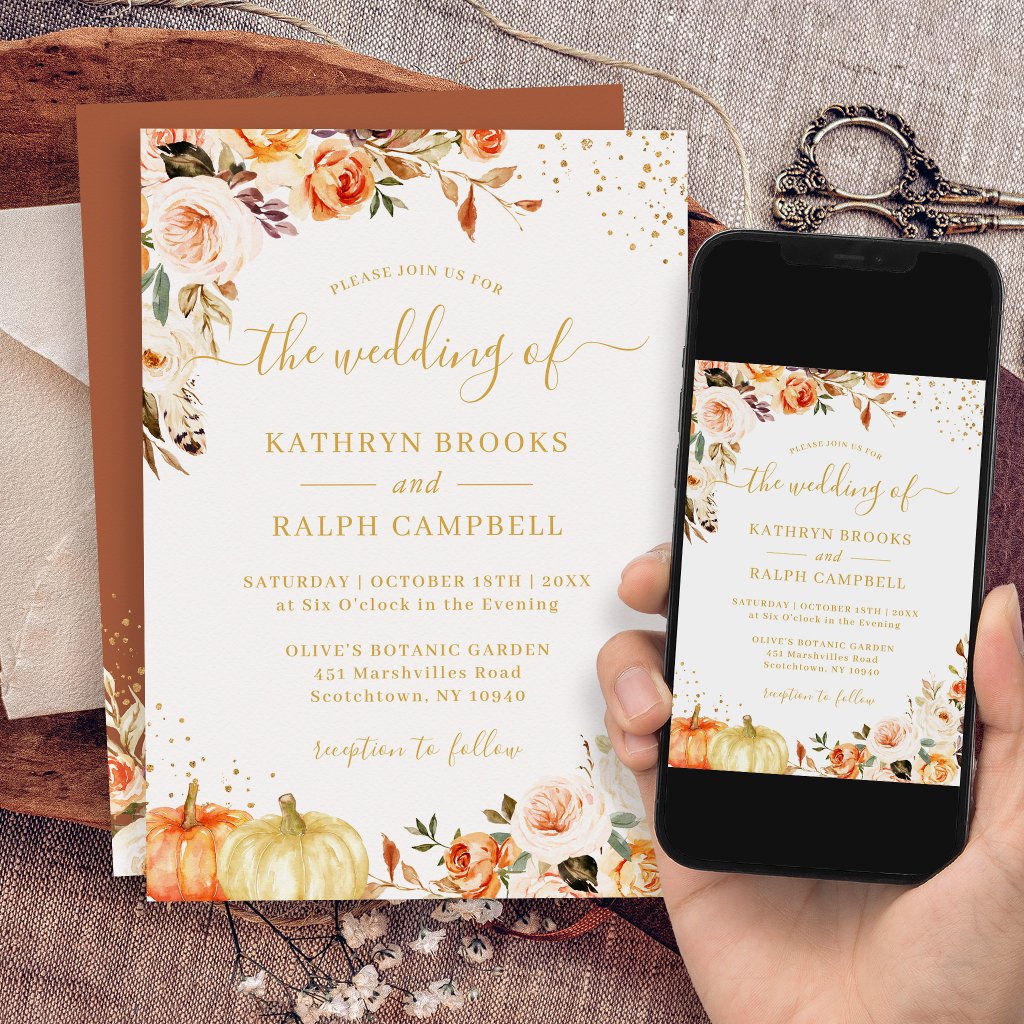 Boho Autumn Floral Terracotta Gold Pumpkin Wedding Invitation