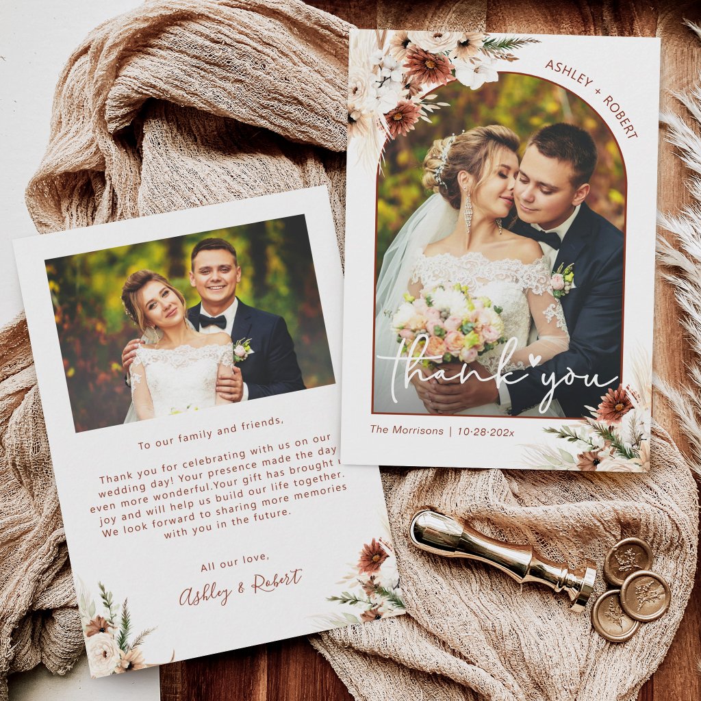 Boho Pampas Grass Floral Arch Wedding Photo Thank You Card