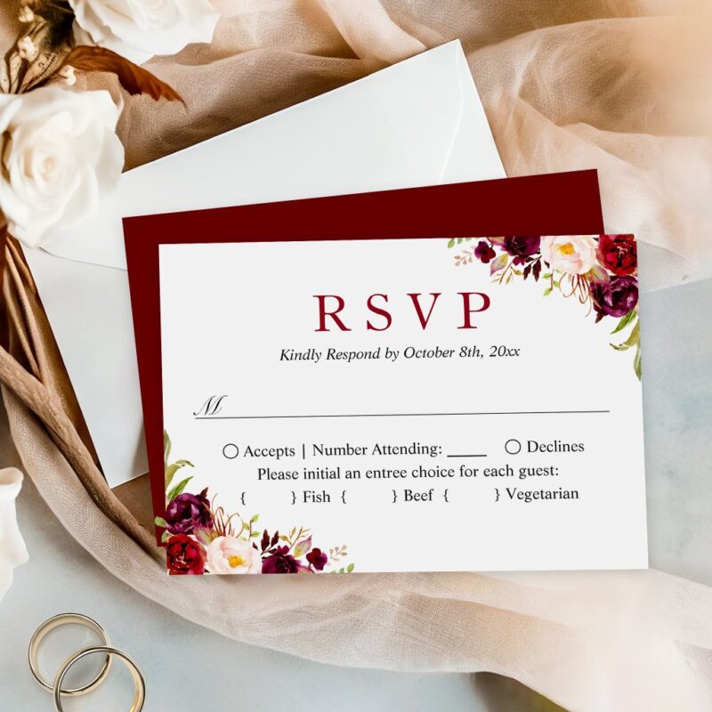 Budget Small Wedding RSVP | Burgundy Blush Floral Note Card
