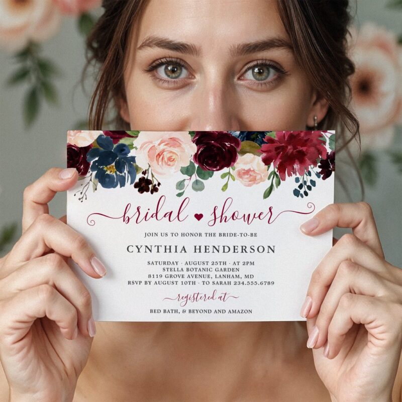 Burgundy Bloom Floral Navy Blue Bridal Shower Invitation