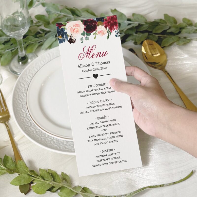 Burgundy Blush Blue Bloom Floral Wedding Menu