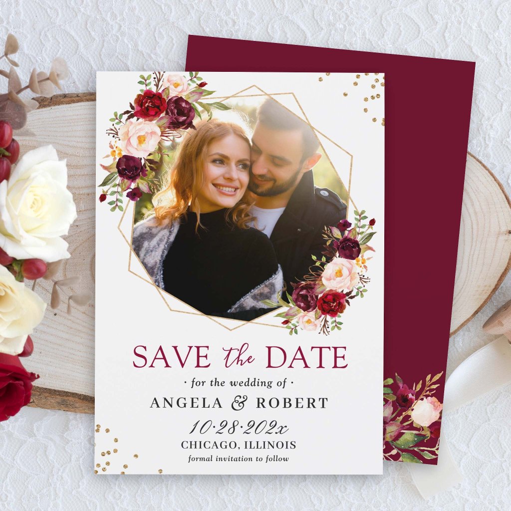 Burgundy Blush Floral Modern Gold Geometric Photo Save The Date