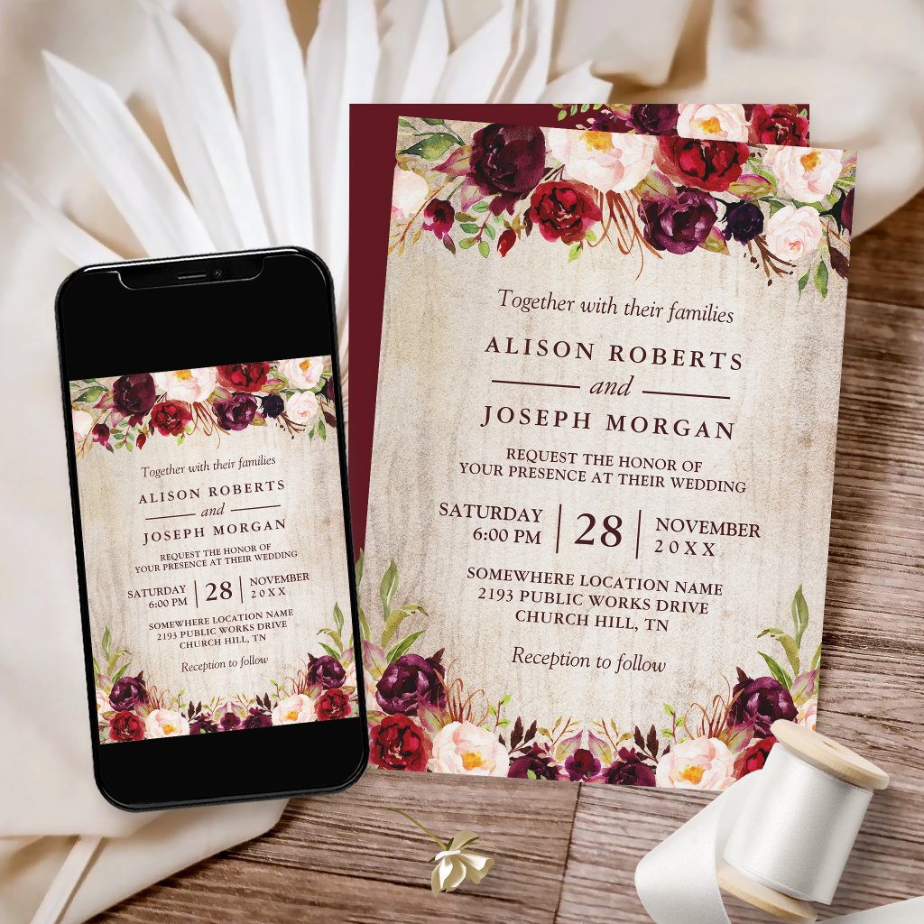 Burgundy Blush Floral Rustic Barn Wood Wedding Invitation
