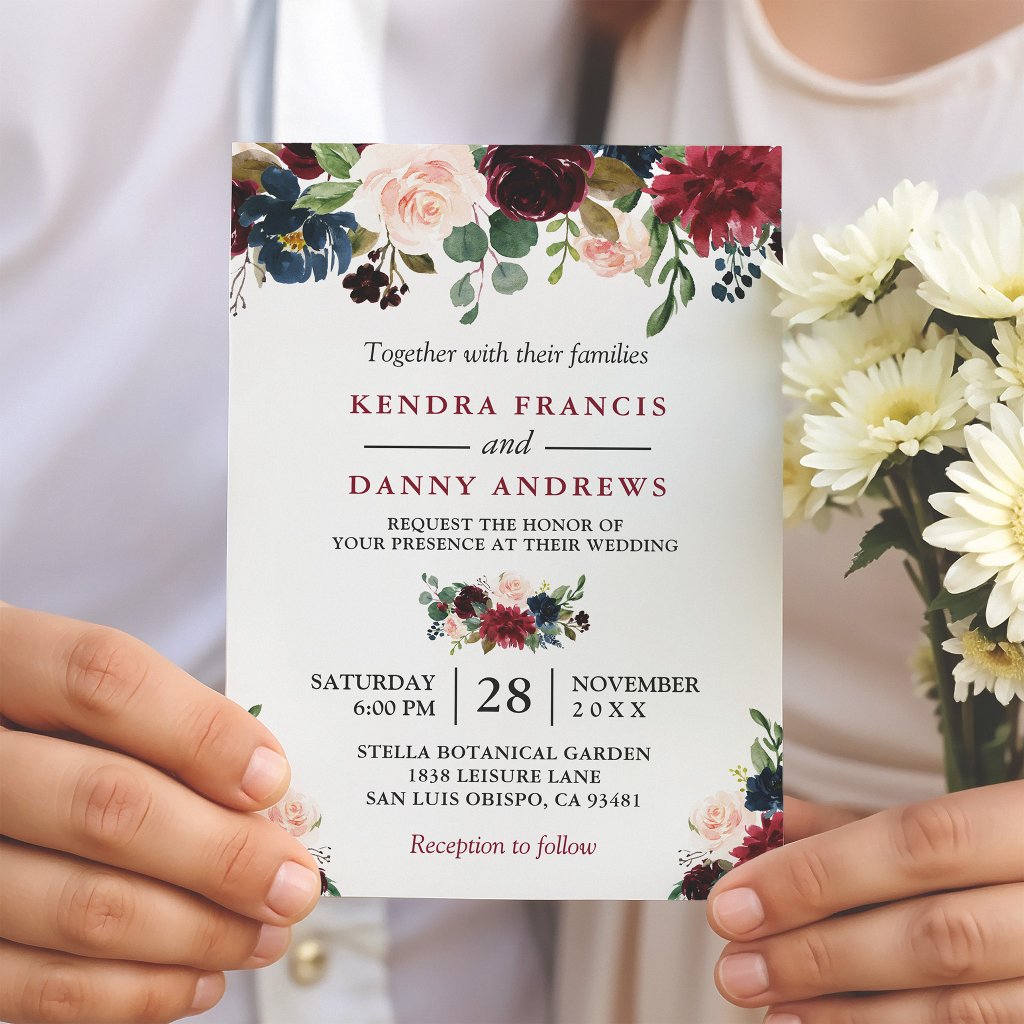 Burgundy Blush Navy Blue Floral Botanical Wedding Invitation
