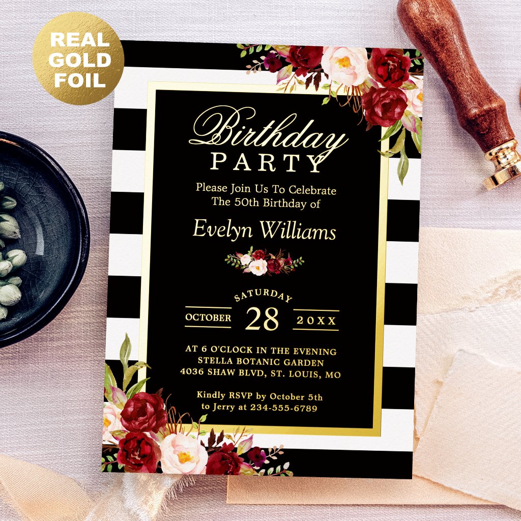 Burgundy Floral Black White Stripes Birthday Party Foil Invitation