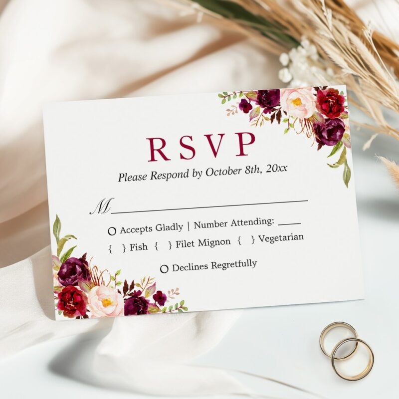 Burgundy Marsala Red Floral Meal Choice Wedding RSVP Card