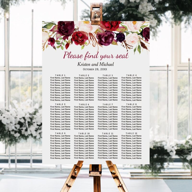 Burgundy Marsala Red Floral Wedding Seating Chart