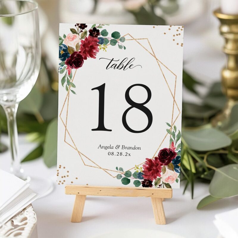 Burgundy Navy Blue Floral Gold Geometric Wedding Table Number