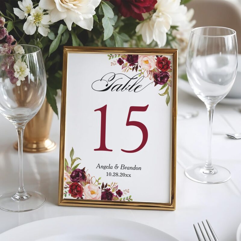 Burgundy Red Floral 5x7 Wedding Table Number