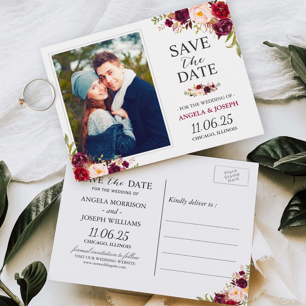 Burgundy Red Floral Chic Save the Date Photo Postcard