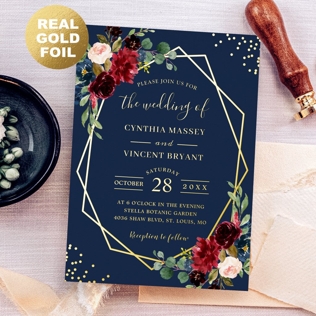 Burgundy Red Floral Navy Blue Premium Gold Wedding Foil Invitation