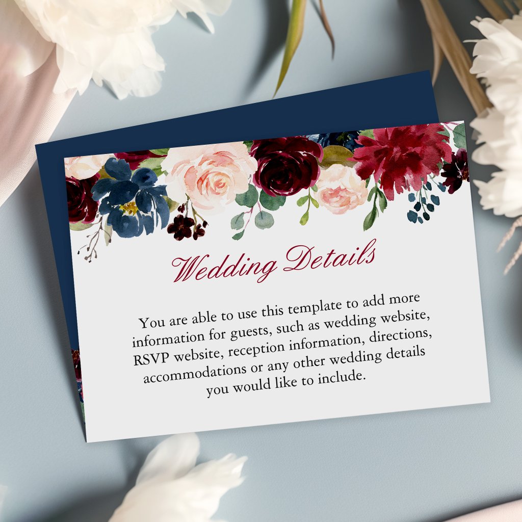 Burgundy Red Navy Blue Floral Wedding Details Info Enclosure Card