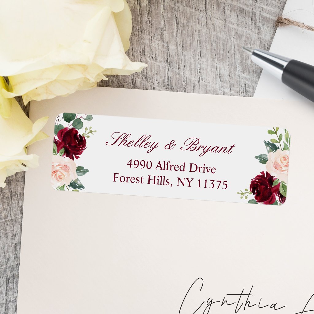 Burgundy Red Pink Blush Peony Floral Address Label