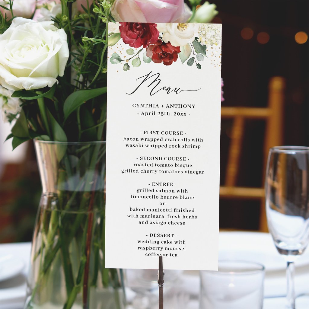 Burgundy Red White Roses Floral Eucalyptus Wedding Menu