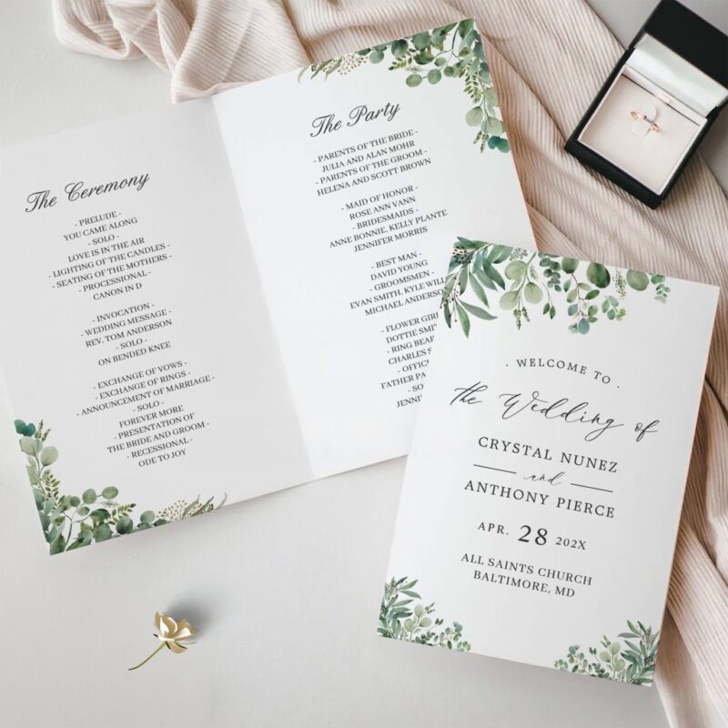 Chic Eucalyptus Leaves DIY Folded Wedding Program