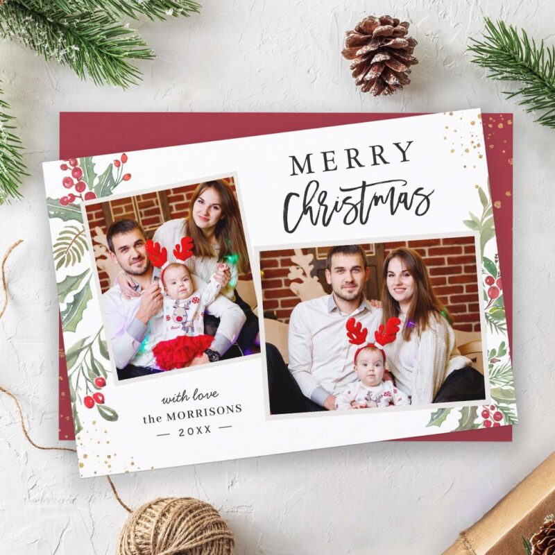 Christmas Festival Greenery and Berries 2 Photo Holiday Card