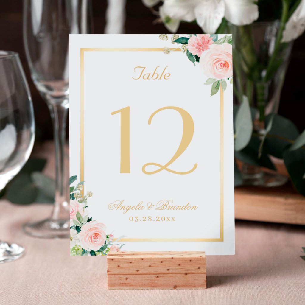 Classic Blushing Pink Floral Gold Frame Wedding Table Number
