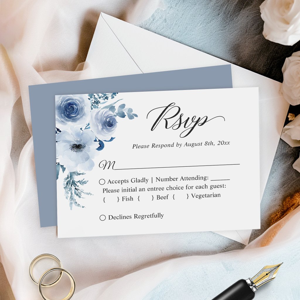 Dusty Blue Botanical Floral Budget Small RSVP Card