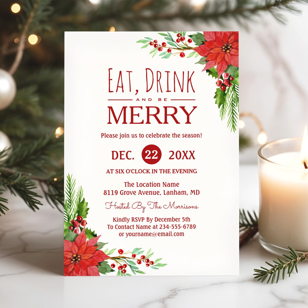 Eat Drink and Be Merry Floral Chic Holiday Party Invitation