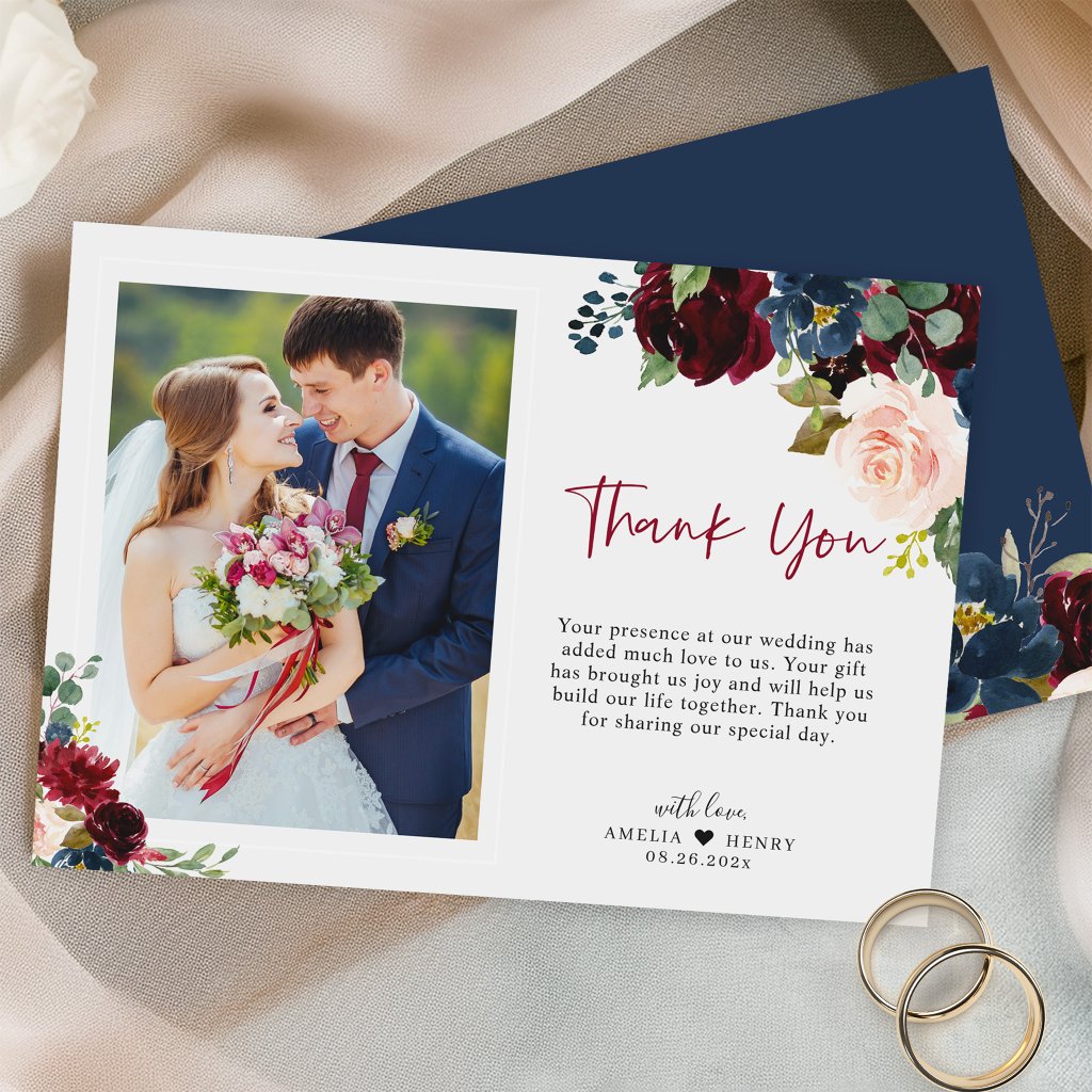 Elegant Burgundy Navy Floral Script Wedding Photo Thank You Card