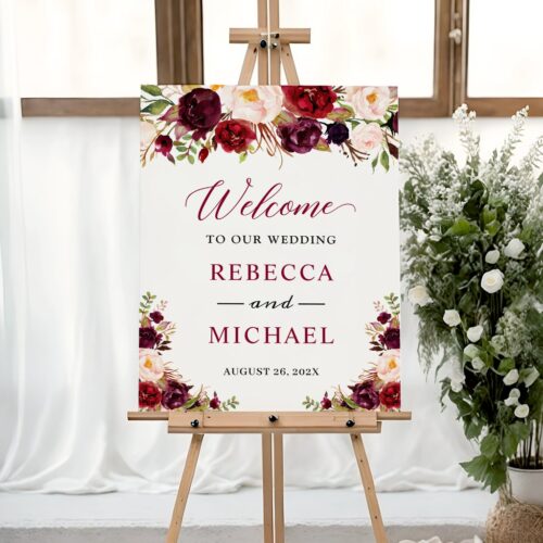 Elegant burgundy red blush floral wedding sign r vs1hyt 1024