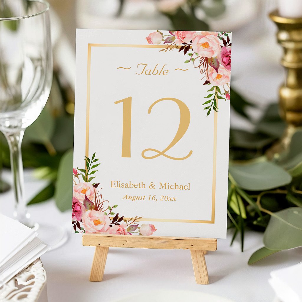 Elegant Chic Pink Floral Gold Wedding Table Number