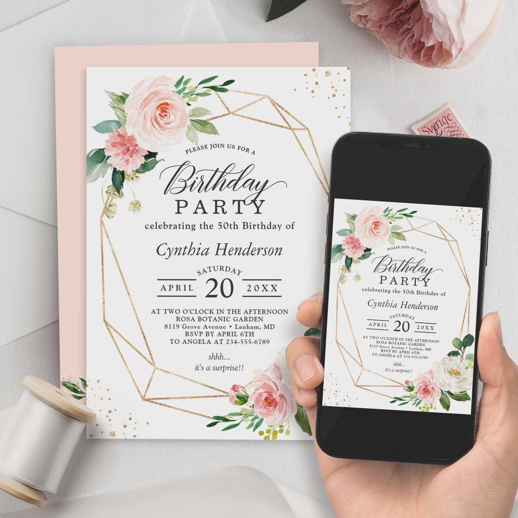 Elegant Geometric Blush Pink Floral Birthday Party Invitation